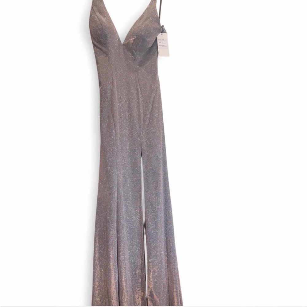 Clarisse Shimmery Silver Plunge Spaghetti-Strap Maxi Dress - size 2